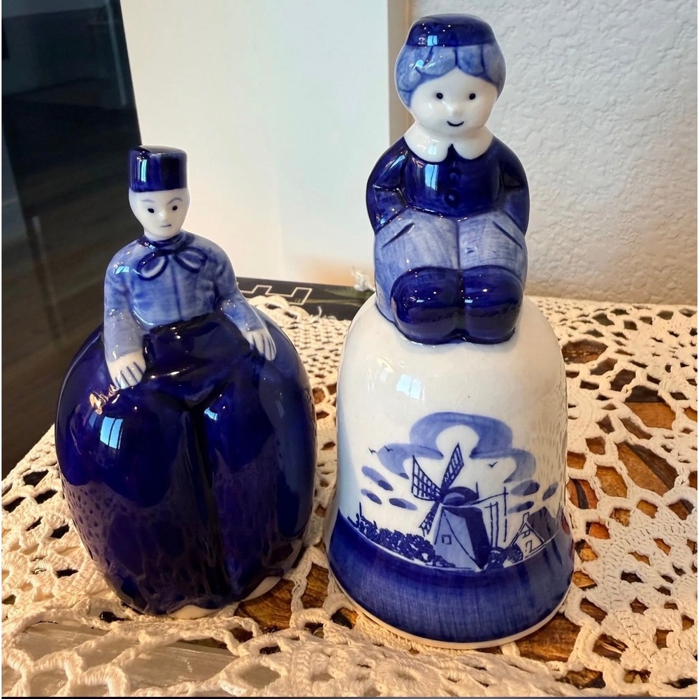 Vintage Delft Blue Hand Painted Porcelain Dutch Boy Figurine and Girl Bell Set